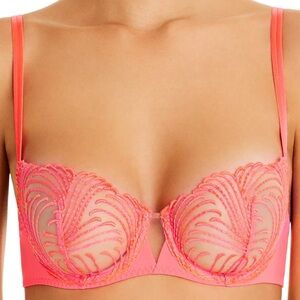 NWT Simone Perele 32D Nuance Tulle Demi Cup Bra Unlined Embroidery Neon Pink